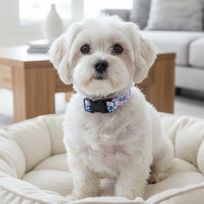 pink and blue paisley dog collar on a Maltese