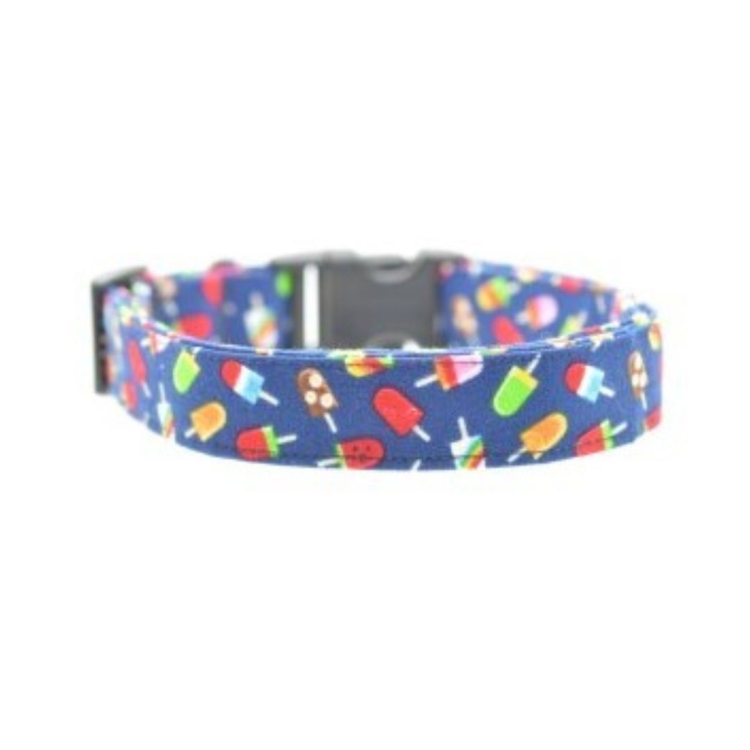 Dog collar featuring colorful popsicles on a dark blue background - Popsicles Dog Collar
