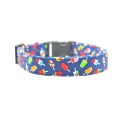 Dog collar featuring colorful popsicles on a dark blue background - Popsicles Dog Collar