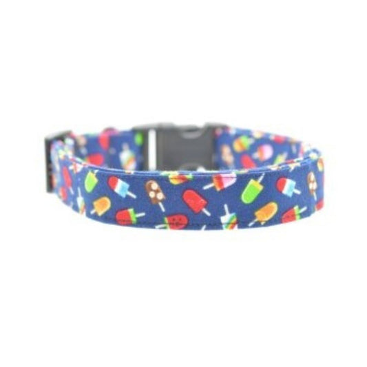 Dog collar featuring colorful popsicles on a dark blue background - Popsicles Dog Collar