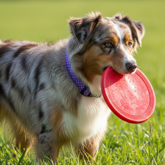 Purple pin dot dog collar with a black buckle on an Australian shepherd