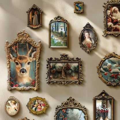 Collection of vintage-style framed artworks on a wall with sunlight casting shadows.