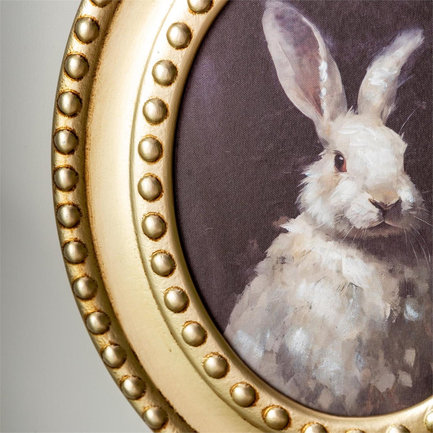 White rabbit illustration in a gold oval frame