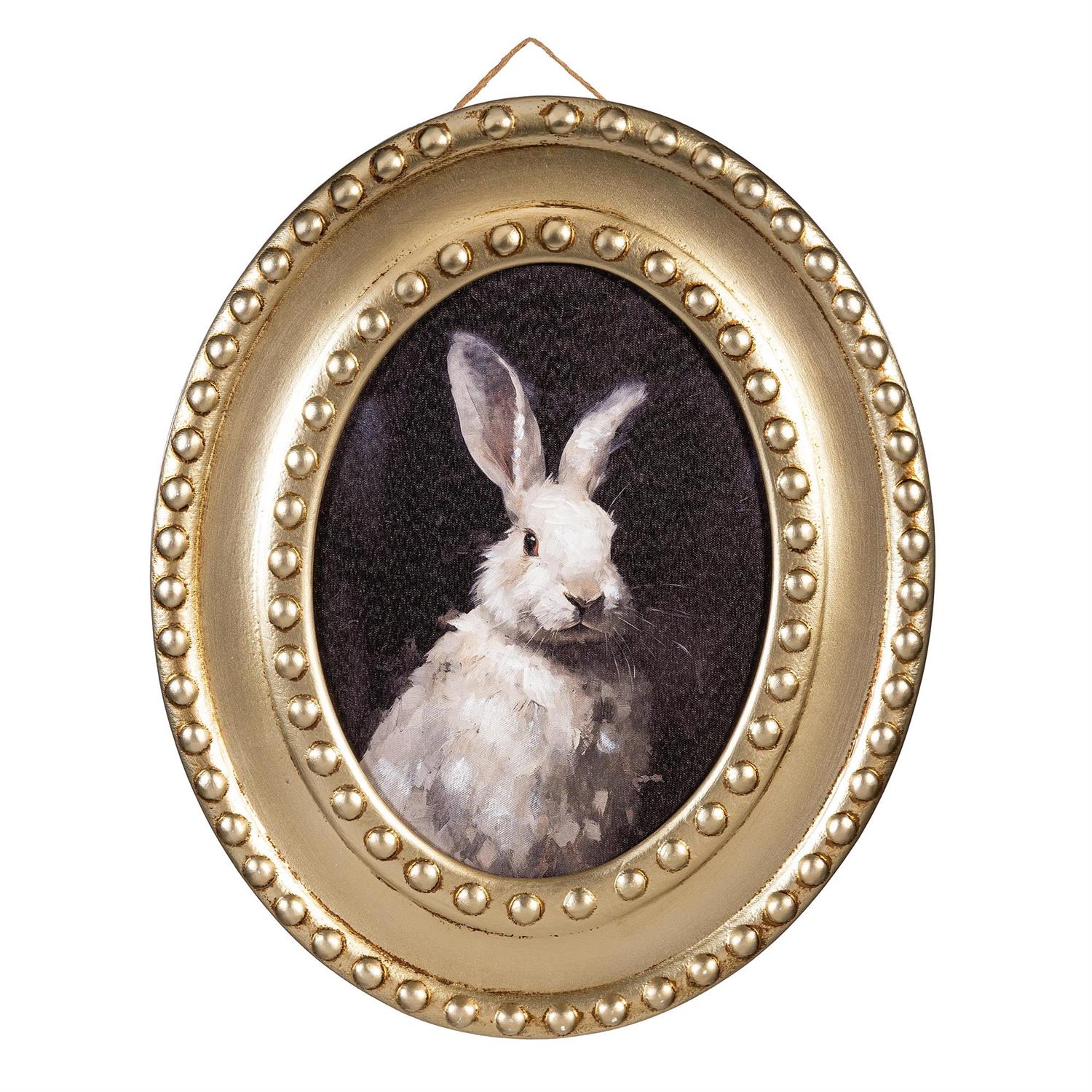 Oval framed picture of a rabbit with a gold beaded border on a white background