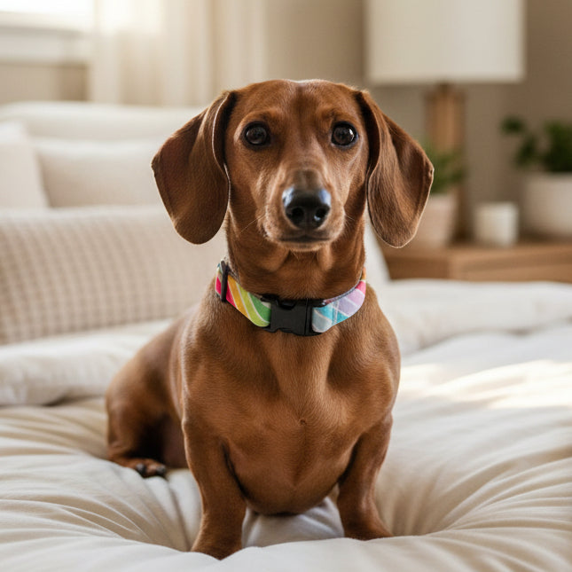 Colorful striped dog collar with a black buckle on a Dachshund sitting on a bed