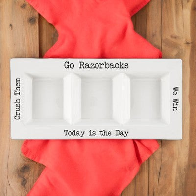 Razorbacks ceramic tray on a wood table