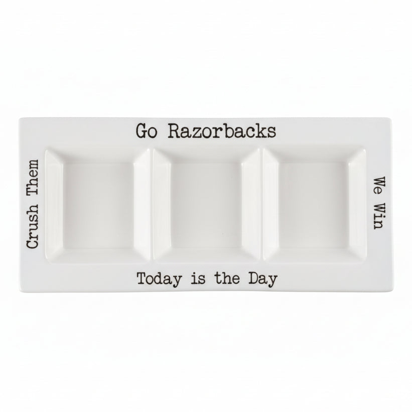 White ceramic plate with text on a white background