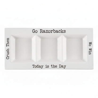 White ceramic plate with text on a white background