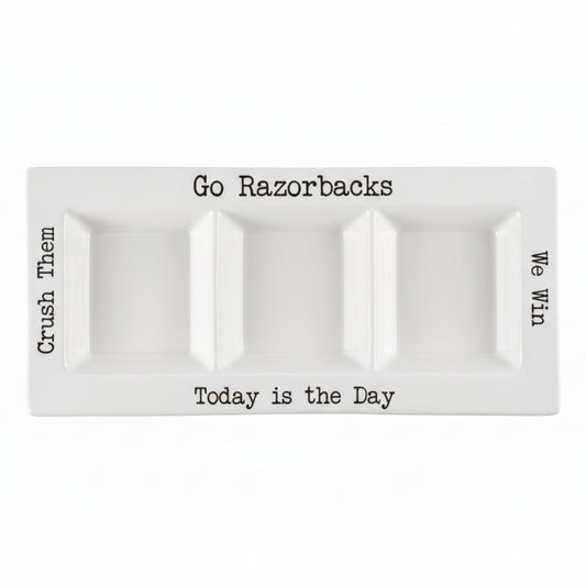 White ceramic plate with text on a white background