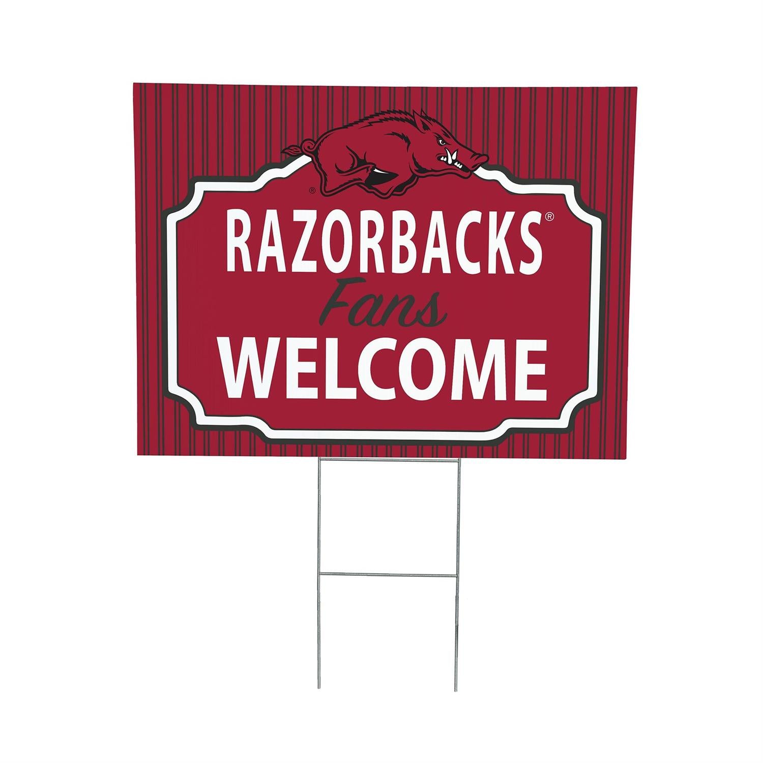 Red sign with 'RAZORBACKS Fans WELCOME' text and a pig logo on a white background
