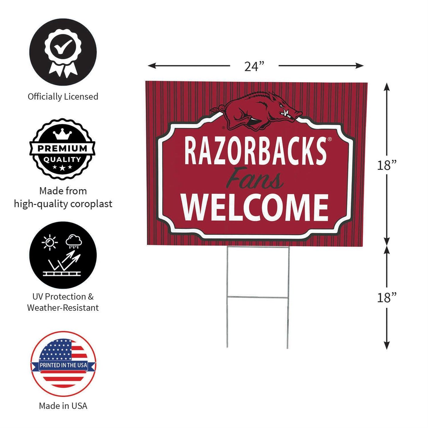 Garden sign with 'Razorbacks Fans Welcome' text and logo, featuring dimensions and quality assurances on a white background.