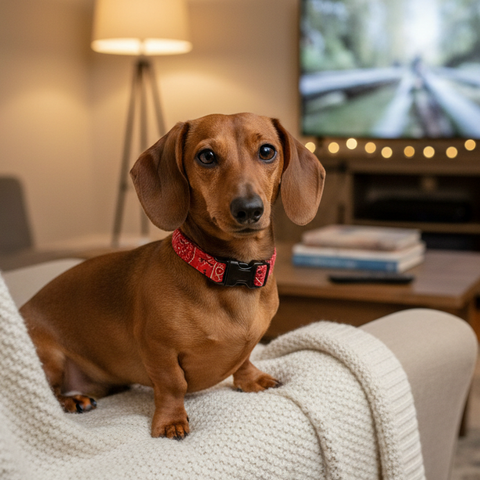 Red bandana dog collar on a miniature dachshund