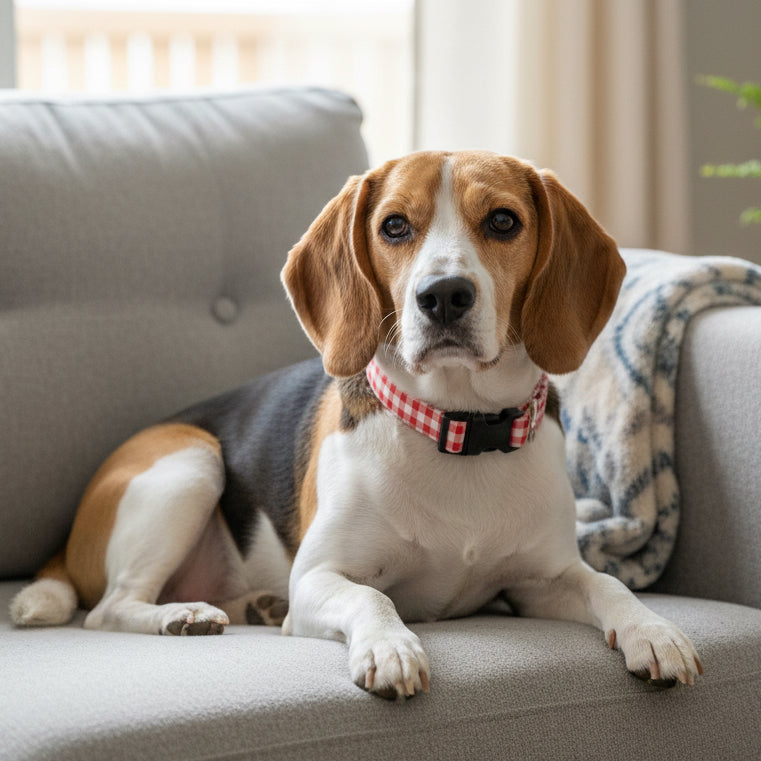 red gingham dog collar with a black buckle on a beagle