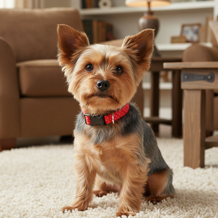 Red pin dot dog collar with a black buckle on a yorkie