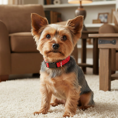 Red pin dot dog collar with a black buckle on a yorkie
