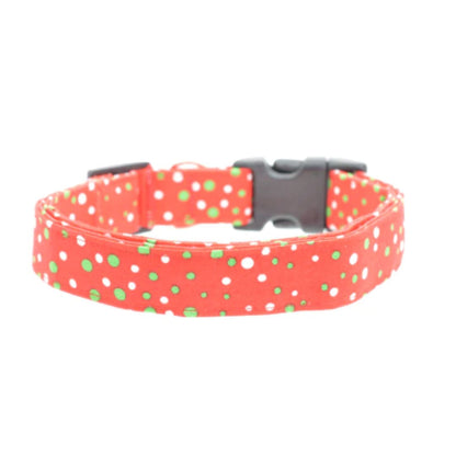 red & green polka dot dog collar on a white background