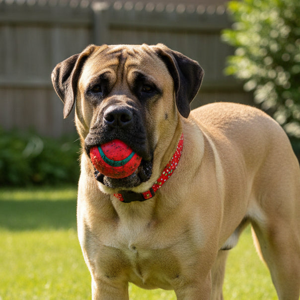 red & green polka dot dog collar on a mastiff