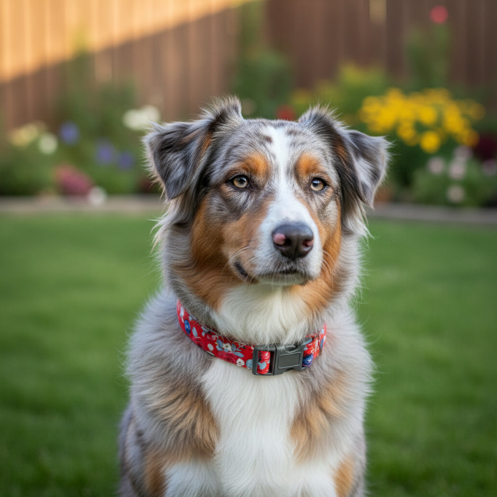 Floral-patterned dog collar on an Australian Shepherd sitting in a yard - Red Roses Dog Collar