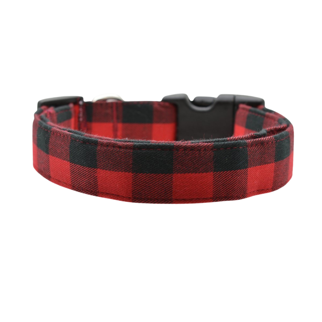 Red and black buffalo plaid dog collar on a white background