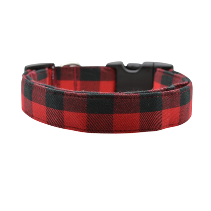 Red and black buffalo plaid dog collar on a white background