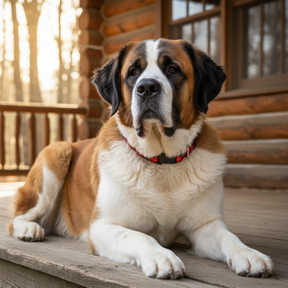 Red and black buffalo plaid dog collar on a Saint Bernard