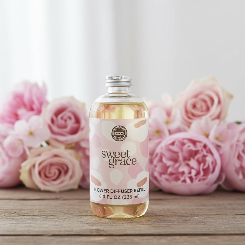 Bottle of Sweet Grace Diffuser Oil Refill on a wood table with pink flowers in the background