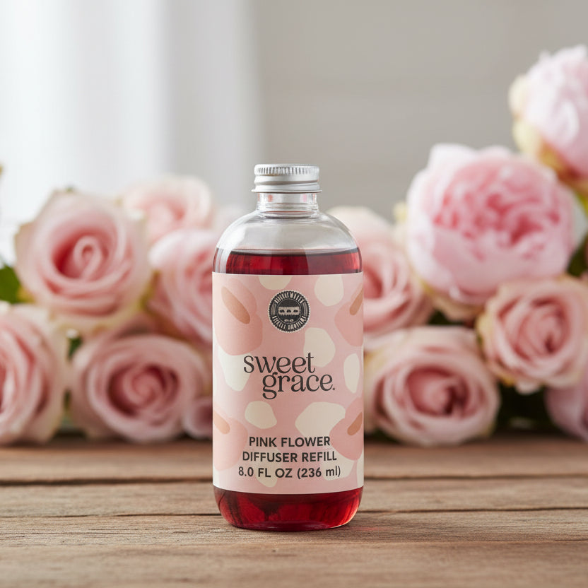 Bottle of pink Sweet Grace Diffuser Oil Refill on a wood table with pink flowers in the background