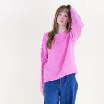 Fuchsia Relaxed Contrast Whipstitch Seam Boyfriend Sweater