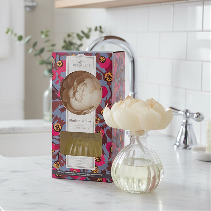 Greenleaf Rhubarb & Oak flower diffuser in a bathroom