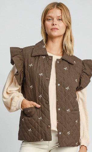 Ribbon Embroidered Vest Jacket - Brown