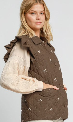 Ribbon Embroidered Vest Jacket - Brown