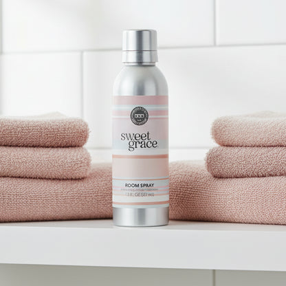 Sweet Grace Room Spray bottle on a bathroom shelf with pink towels