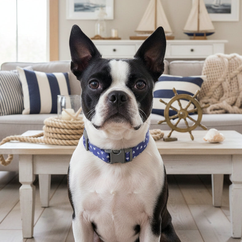 Blue Sailboat dog collar on a Boston Terrier sitting in a family room