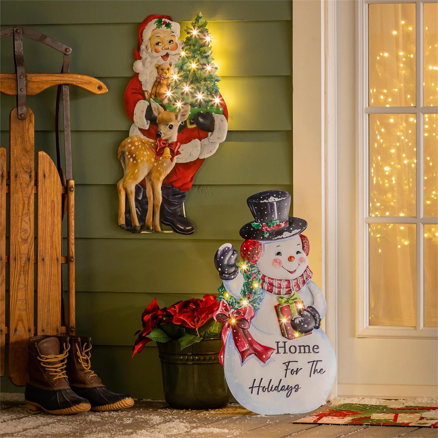 Santa and Snowman Vintage Inspired LED Metal Porch Leaner