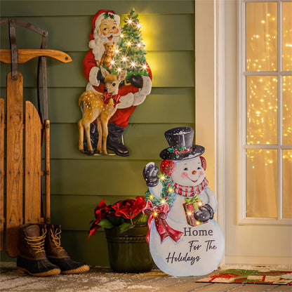 Santa and Snowman Vintage Inspired LED Metal Porch Leaner