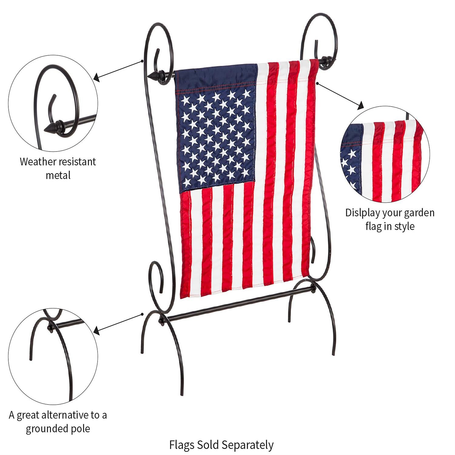 Scroll Garden Flag Stand with American flag and features highlighted on a white background