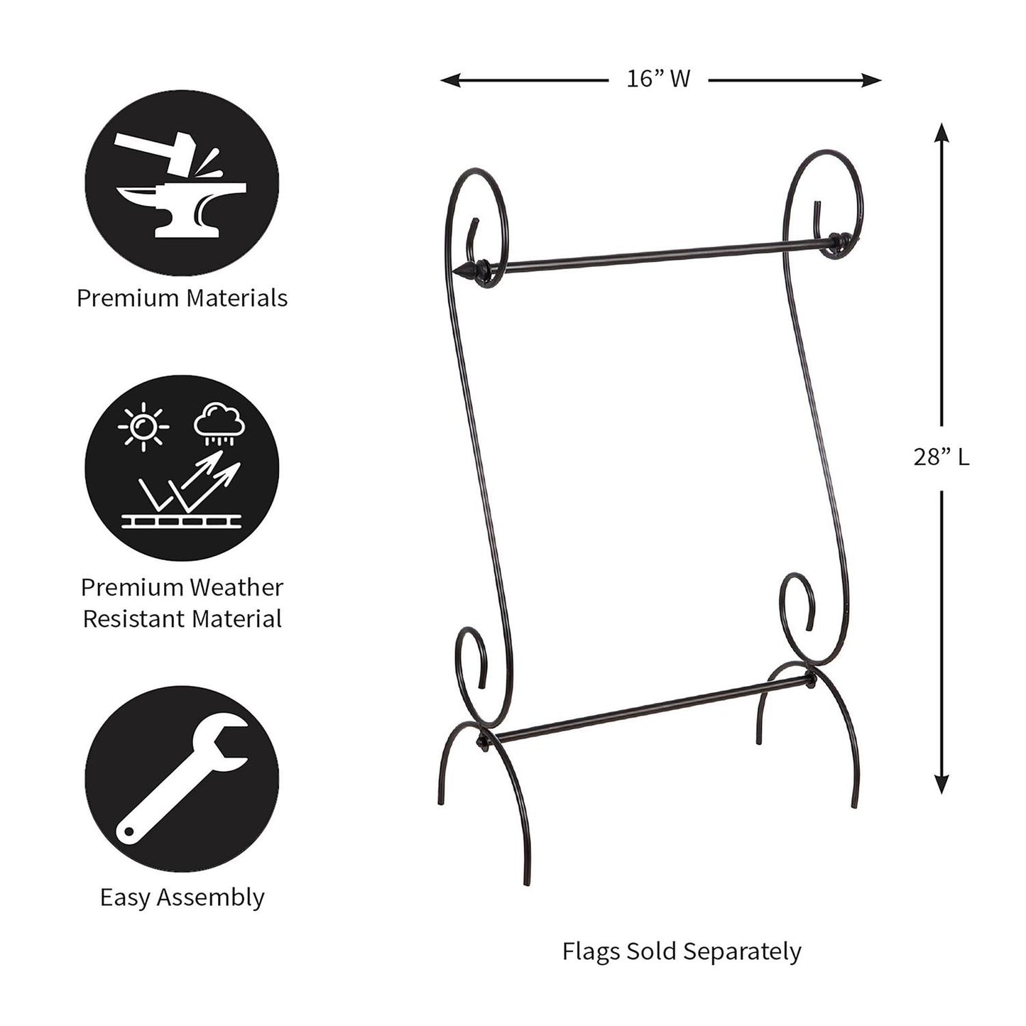 Scroll Garden Flag Stand diagram with dimensions and features on a white background