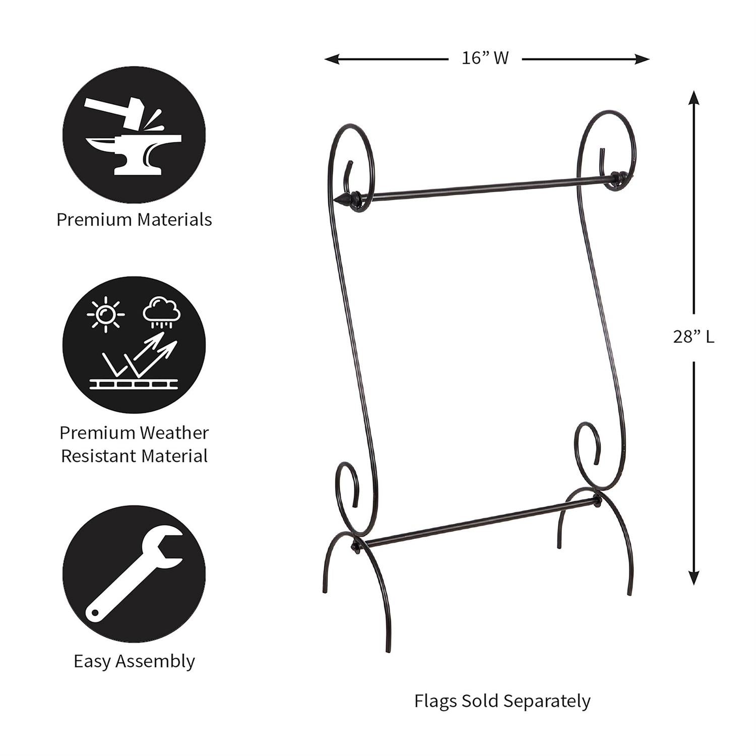 Scroll Garden Flag Stand diagram with dimensions and features on a white background