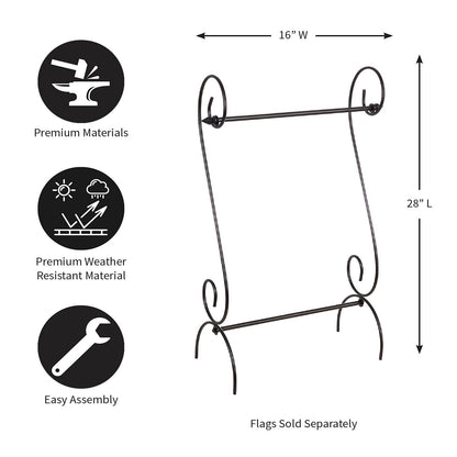 Scroll Garden Flag Stand diagram with dimensions and features on a white background