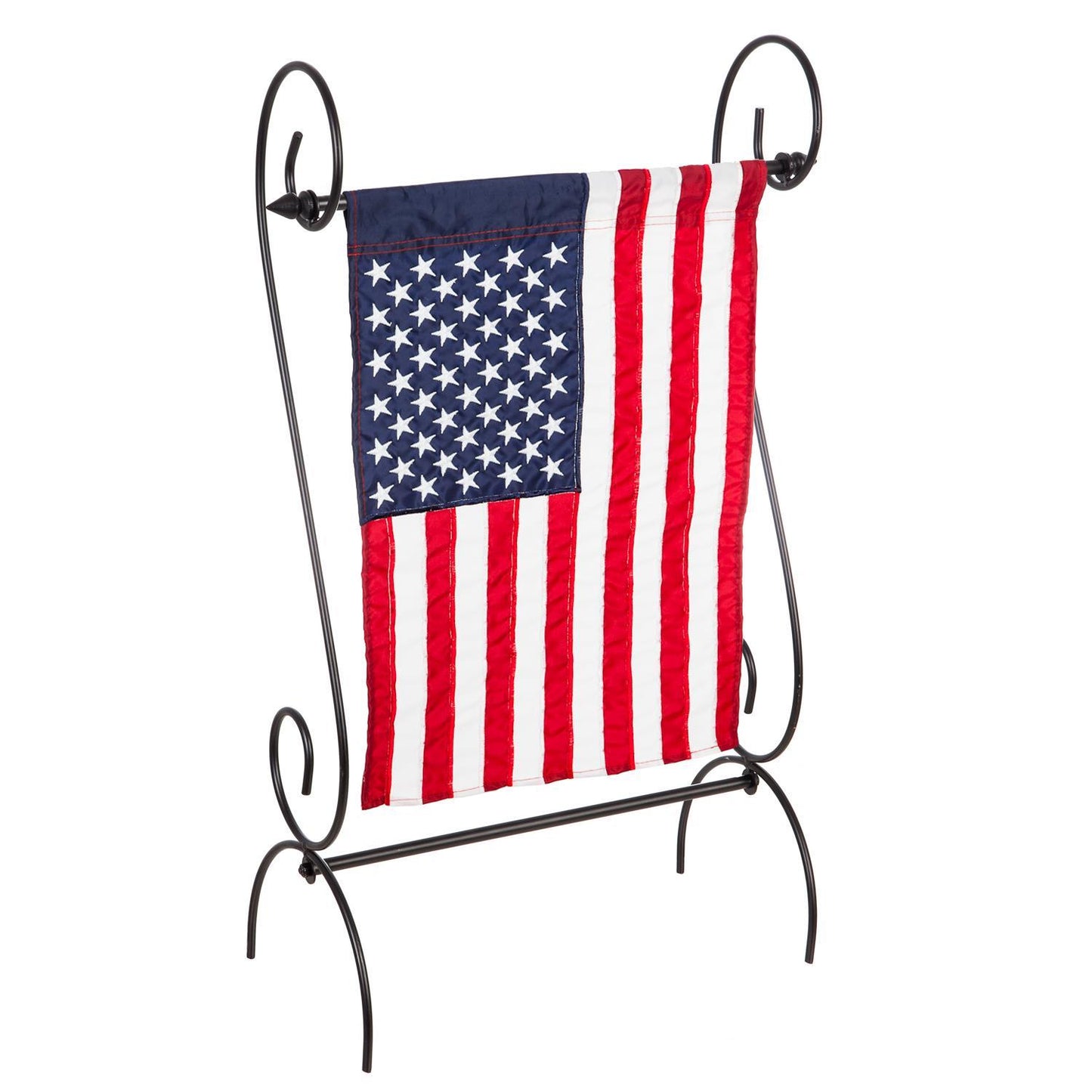 Scroll Garden Flag Stand with American flag on a white background.