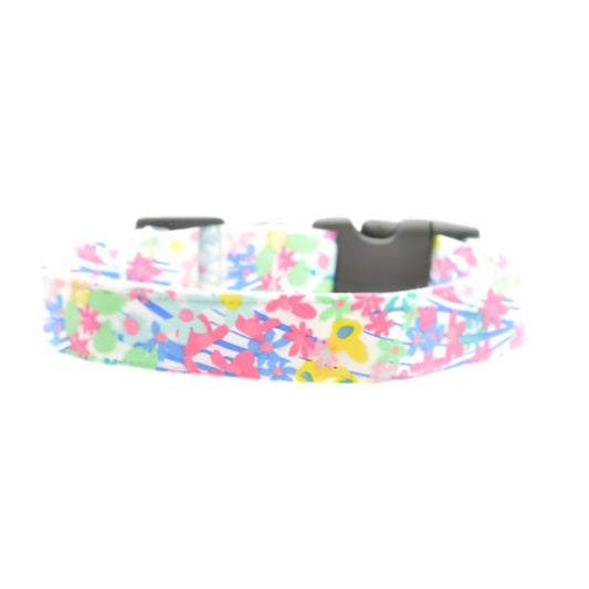 Colorful floral-patterned dog collar on a white background