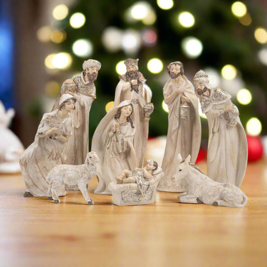 Whitewashed Nativity with Gold Trim