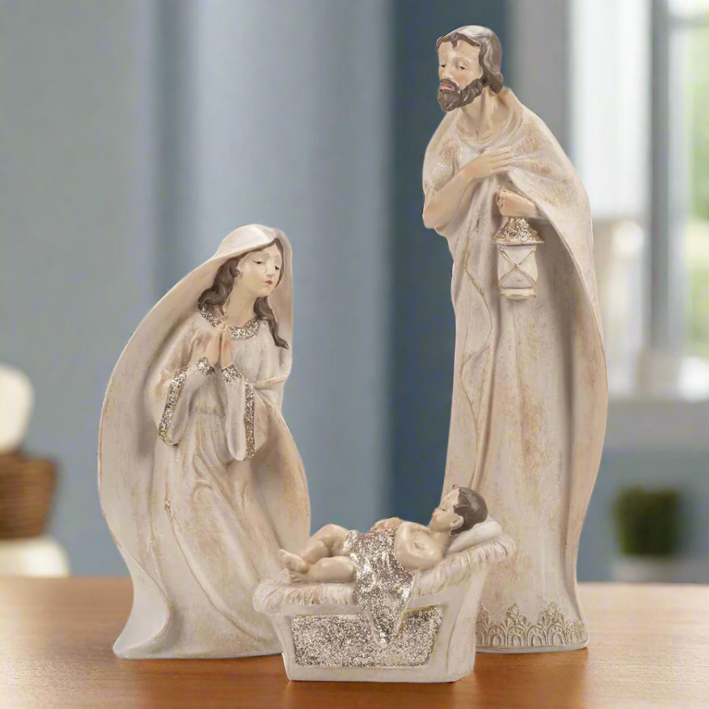 Whitewashed Nativity with Gold Trim