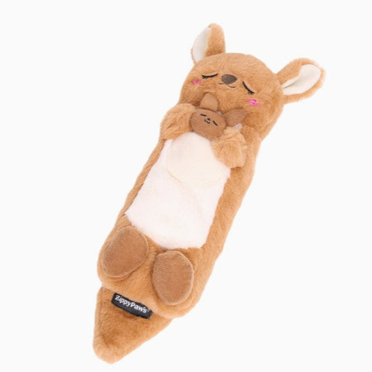 Plush dog toy shaped like a kangaroo with a white belly and baby joey on a white background