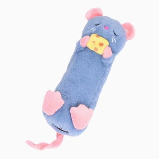 Blue plush mouse dog toy holding cheese on a white background