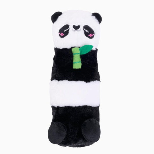 Plush panda dog toy with a piece of bamboo on a white background