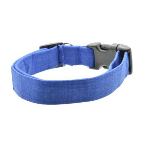Blue dog collar with a black buckle on a white background
