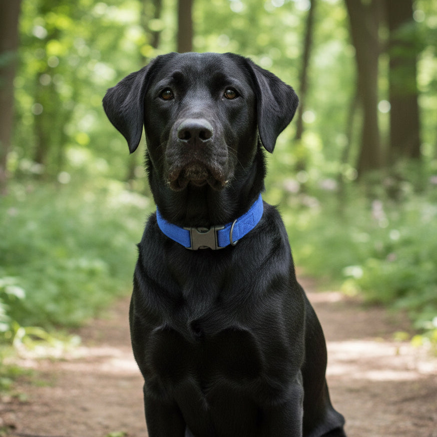 Blue dog collar on a black laborador sitting on a trail in the woods