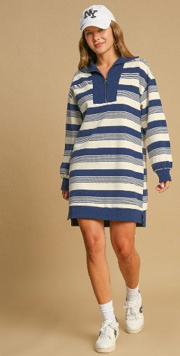 Stripe Half Zip Up Dress - Denim