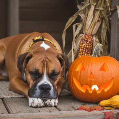 Sunflower dog collar on a boxer